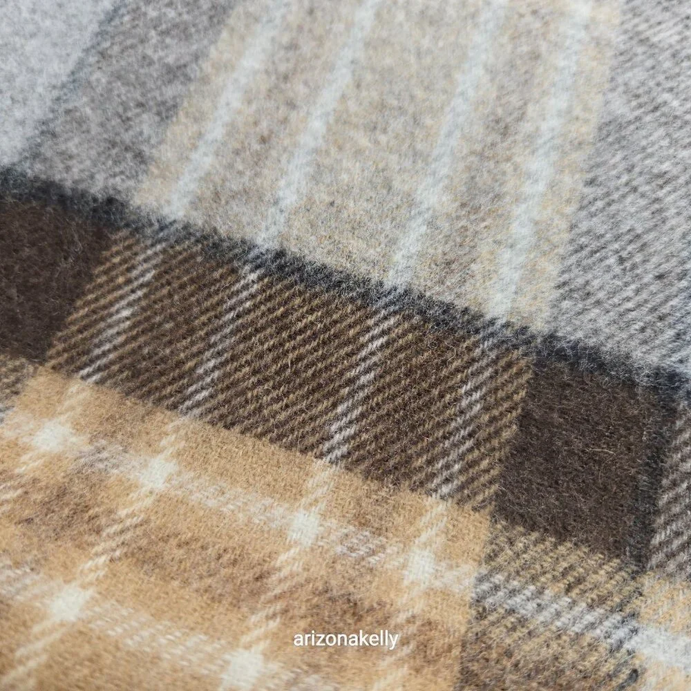 NWOT Bronte By Moon Merino Wool Wrap Plaid Tan Brown & Grey